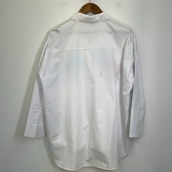 Top Shop - Giraffe Pink And Blue Palm Tree Button Down White Shirt Size 6 - Picture 13 of 13